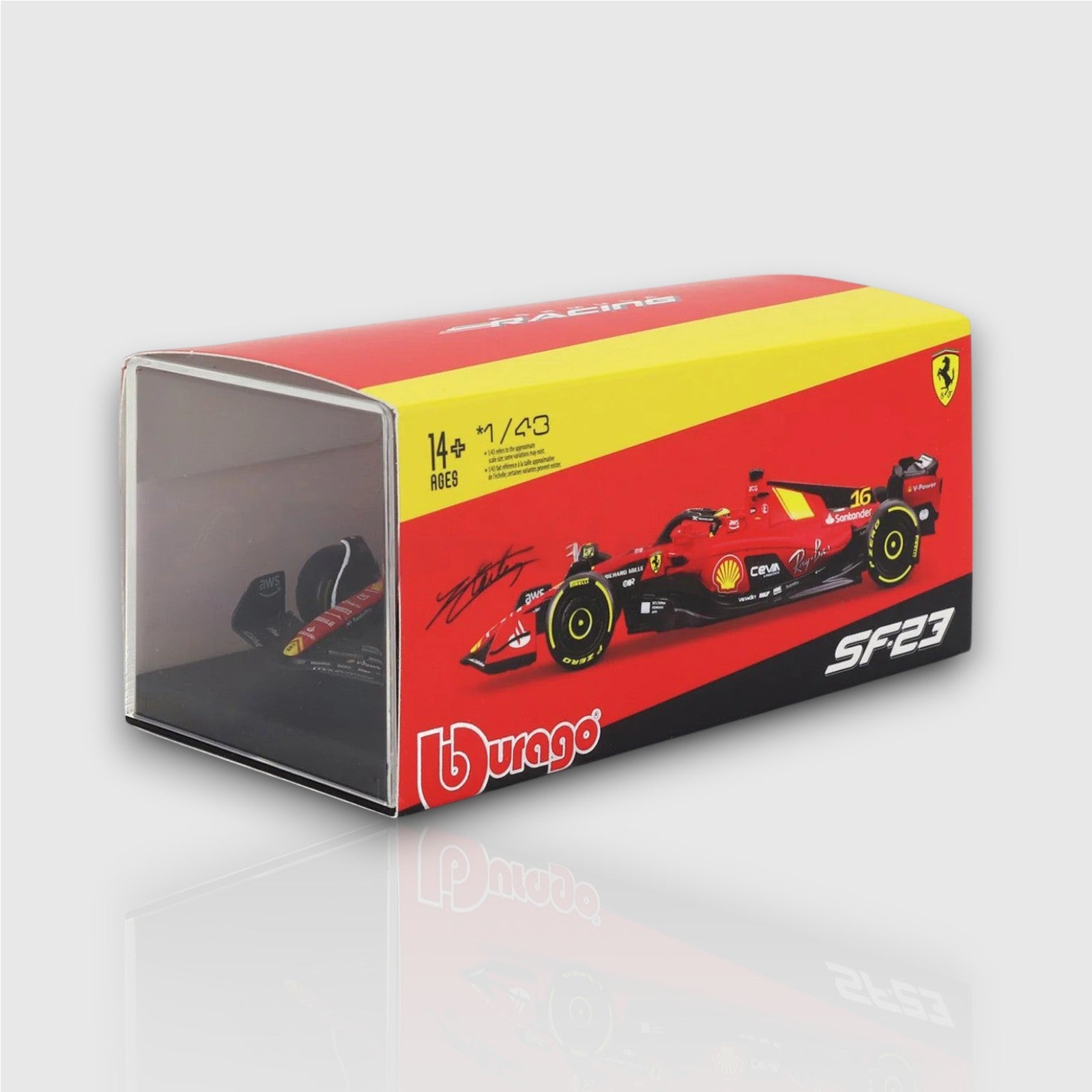 Charles Leclerc Scuderia Ferrari SF23 Monza GP Livery with Acrylic Box 1:43 packing