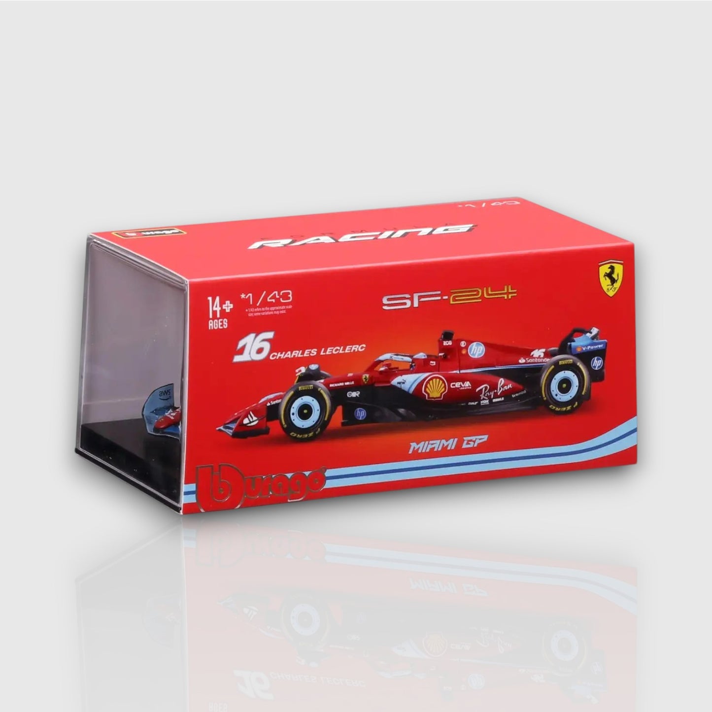 Bburago Charles Leclerc Scuderia Ferrari SF24 Miami GP with Acrylic Box 1:43